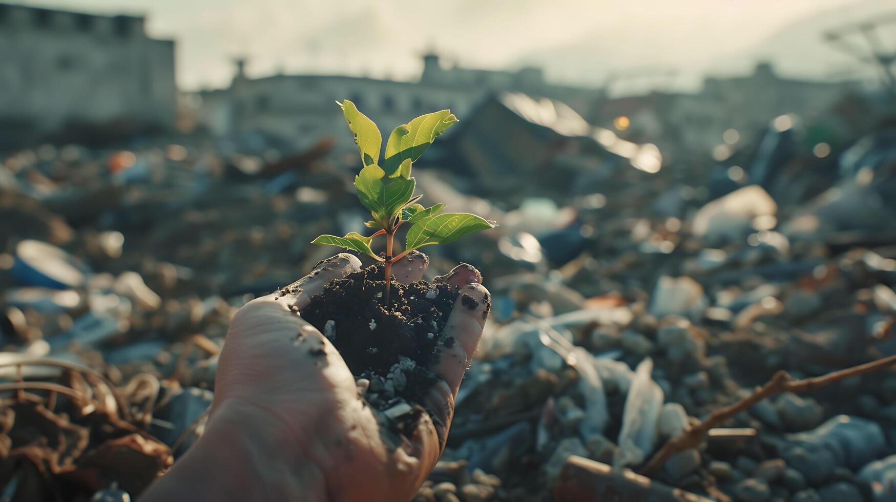 en medio de el escombros y basura, un verde árbol símbolo de esperanza aparece foto