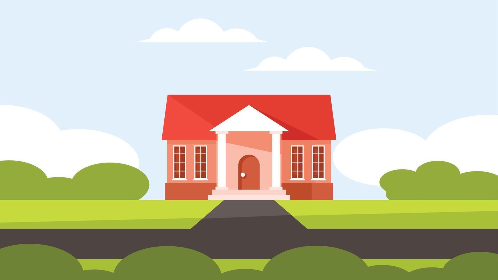 house with a garden and street exterior background for cartoon and animation illustration vector