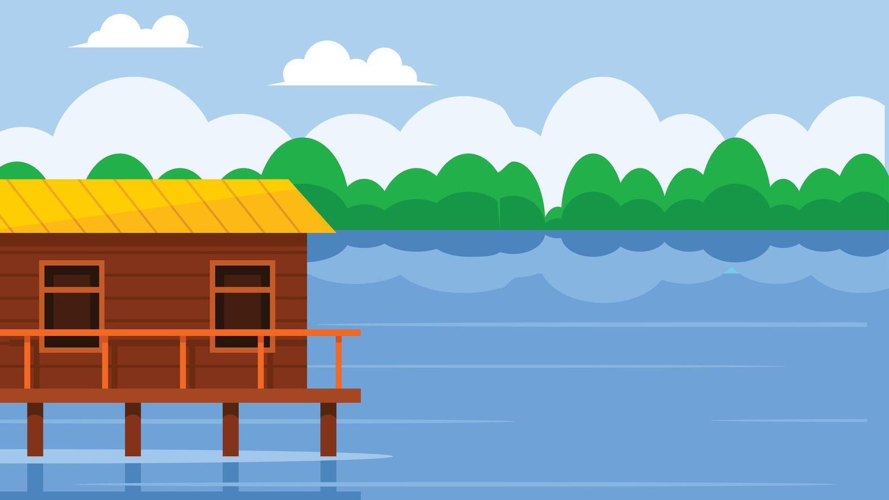 A house on a lake with tree line on the background illustration vector