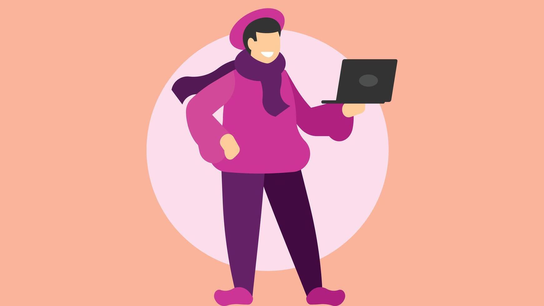 a graphic designer holds a laptop illustration vector