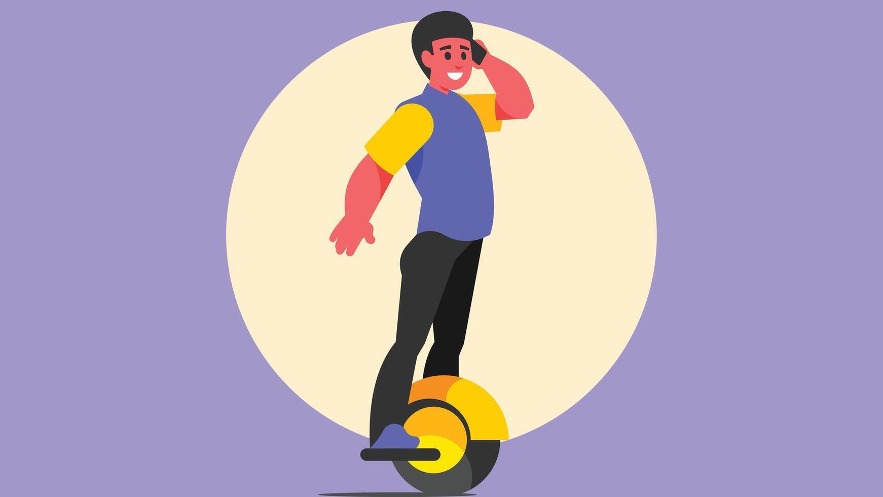 young man rides an electric monocycle and talking to the phone illustration vector