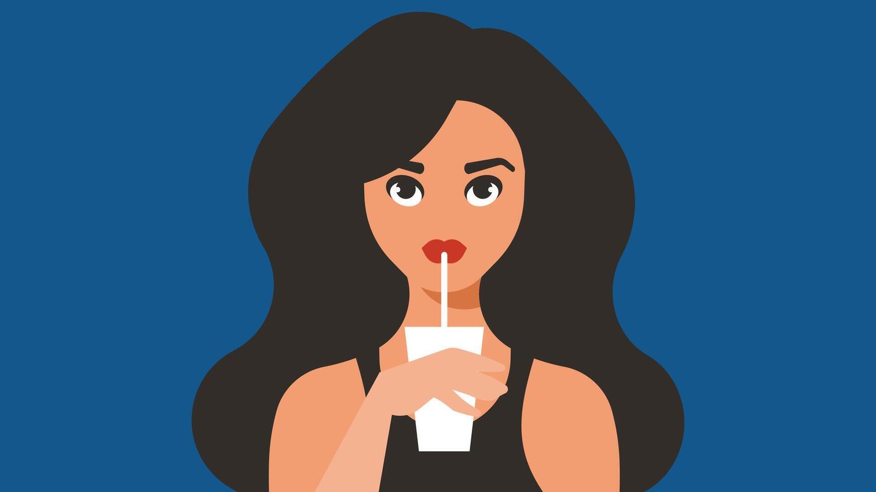 female character drinking juice from a straw illustration vector