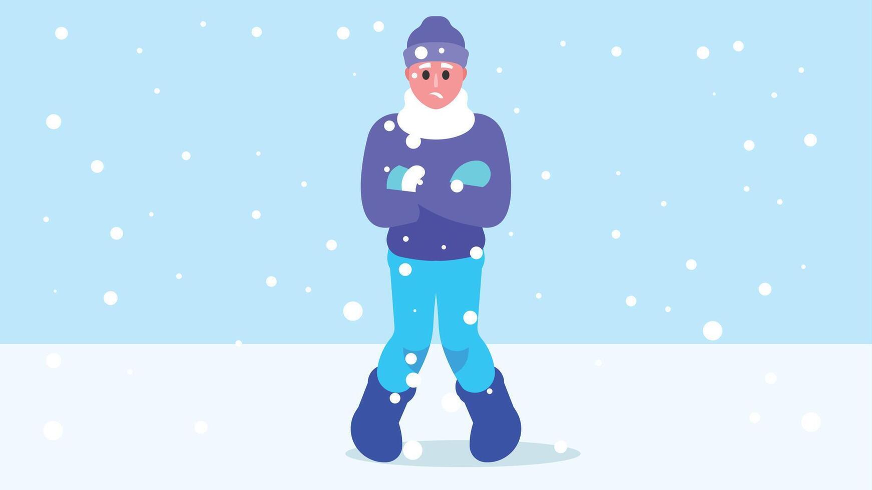 man standing and freezing in the snow with snowfall illustration vector