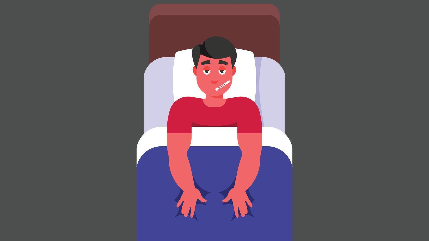 chico tiene fiebre y dormido en el cama ilustracion vector