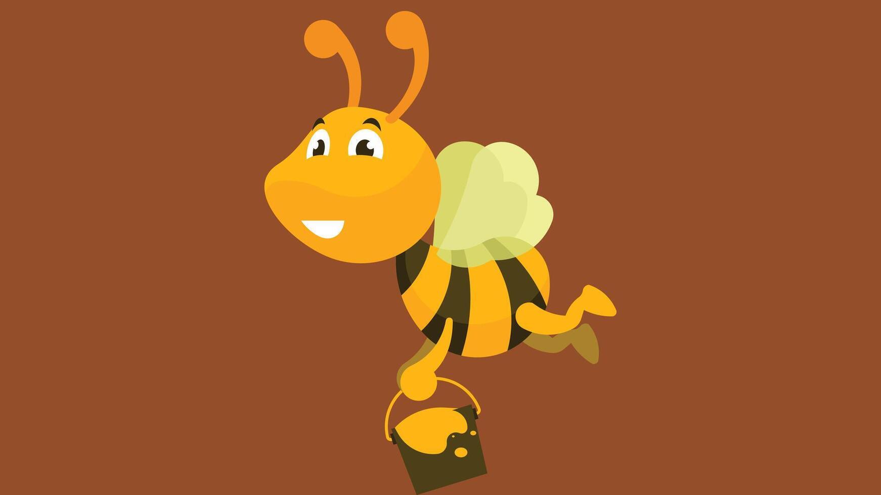 cartoon character Bee flying in sky and holding jar of honey illustration vector