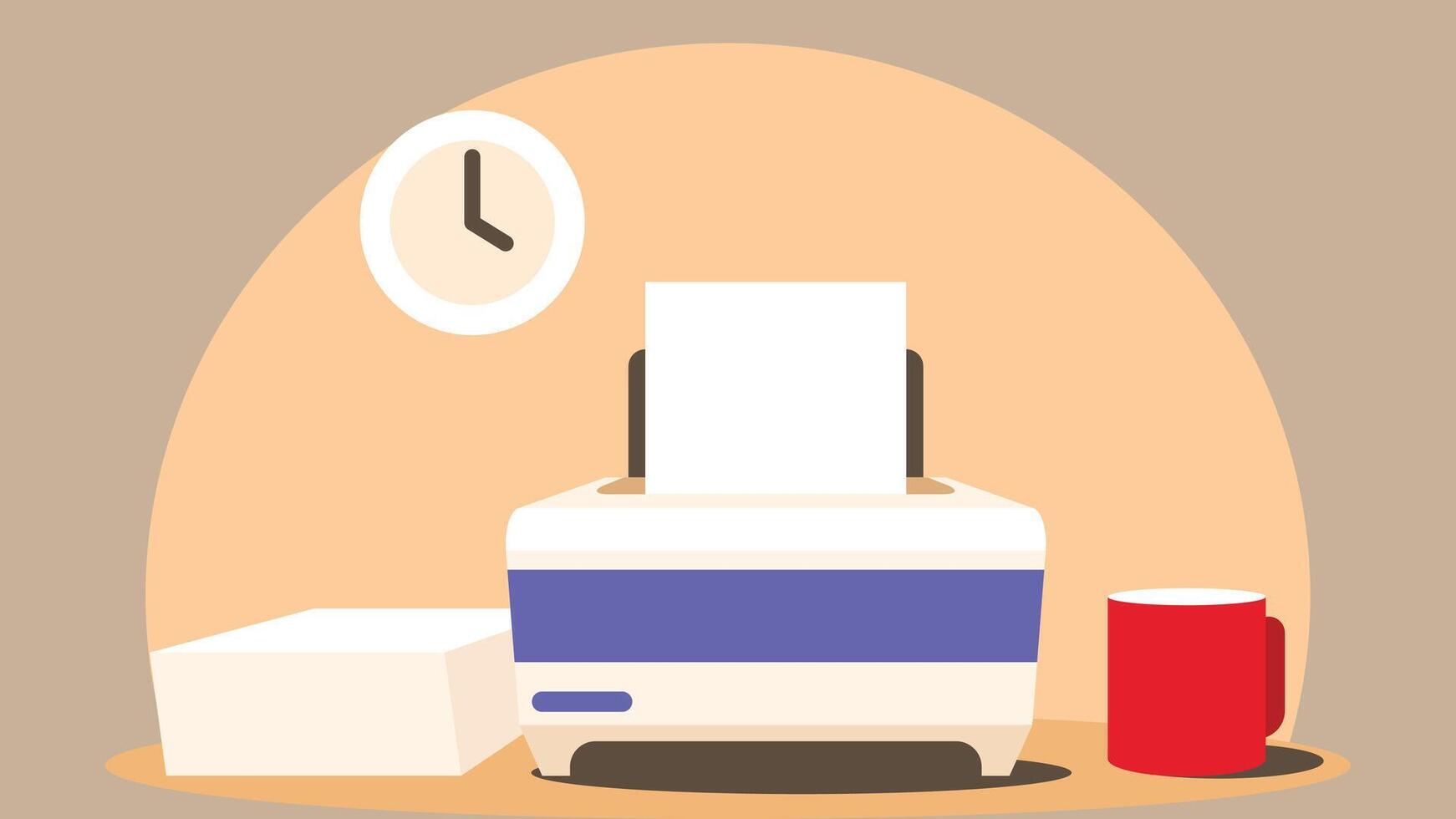 office desk supplies printer and cup of coffee and papers on the desk illustration vector