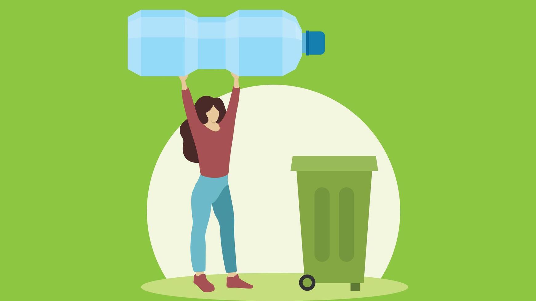 female character holds a water bottle and throw it in recycling trash vector