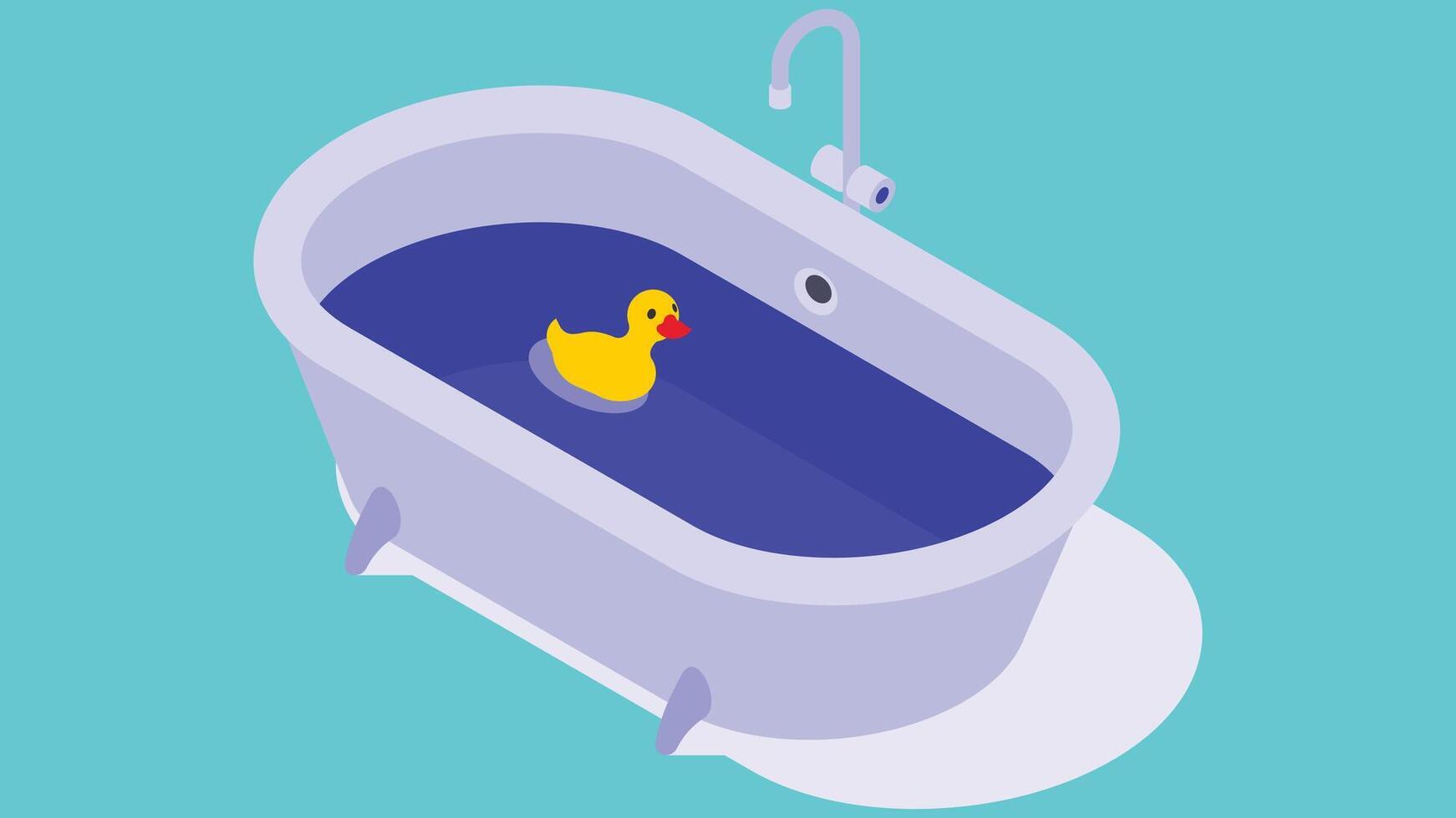 bath tub filled with water and has yellow duck toy in the water illustration vector