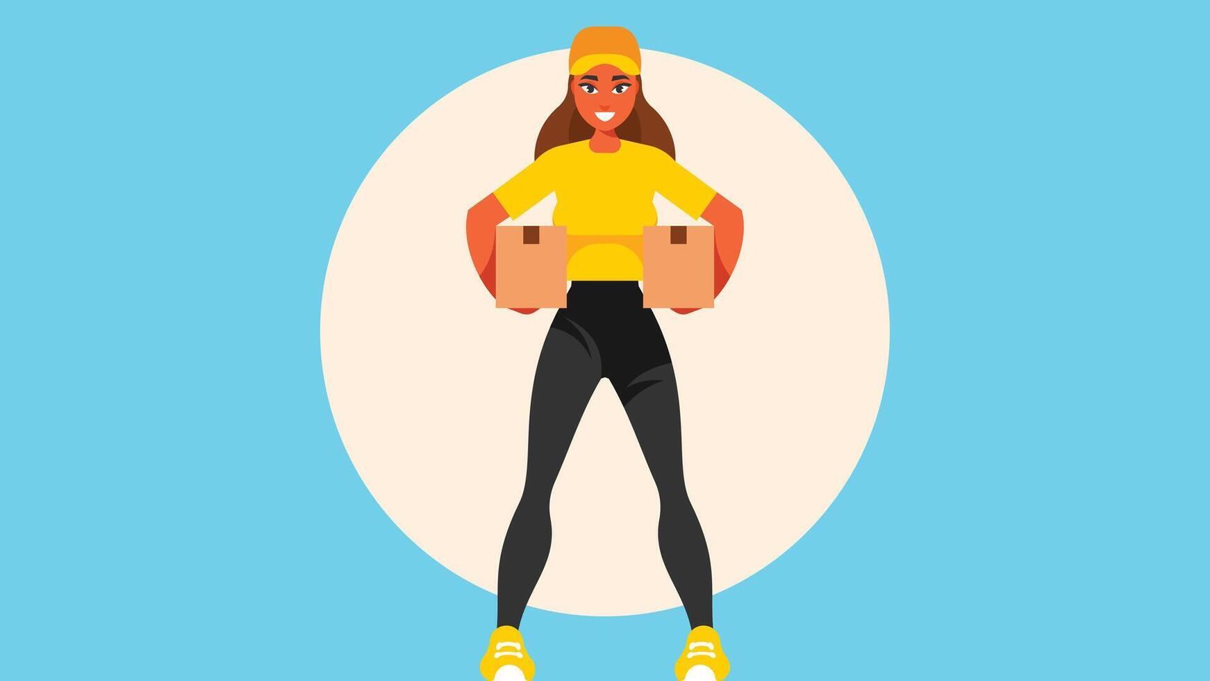 A delivery woman worker holding packages with her hands pose in a solid backgroundabstract illustration vector