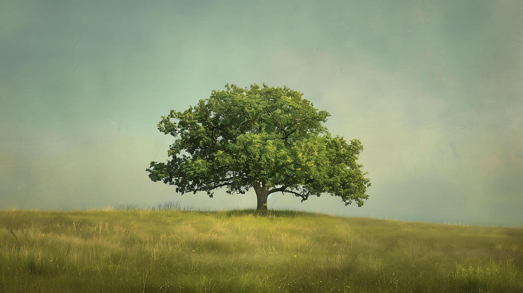 Lonely green oak tree in the field photo