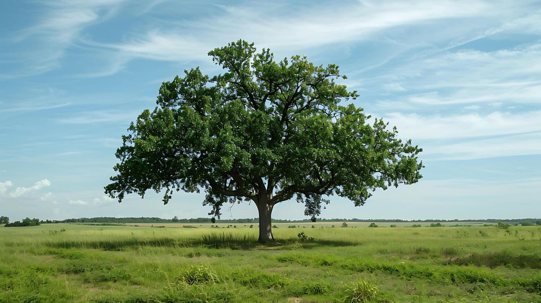 Lonely green oak tree in the field photo