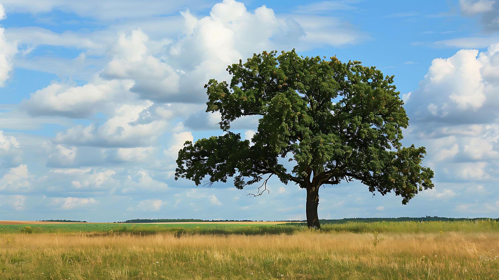 Lonely green oak tree in the field photo