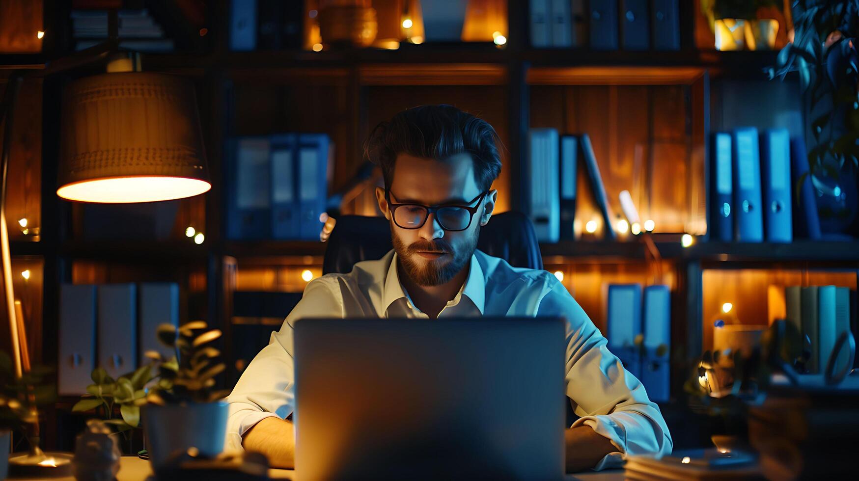 Young businessman working overtime in the office. photo