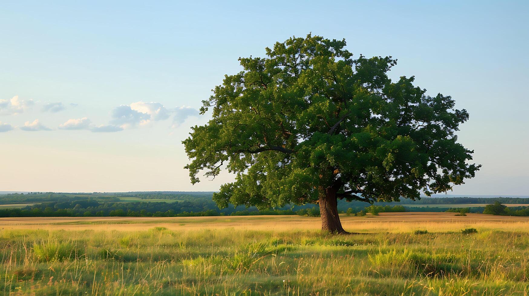 Lonely green oak tree in the field photo