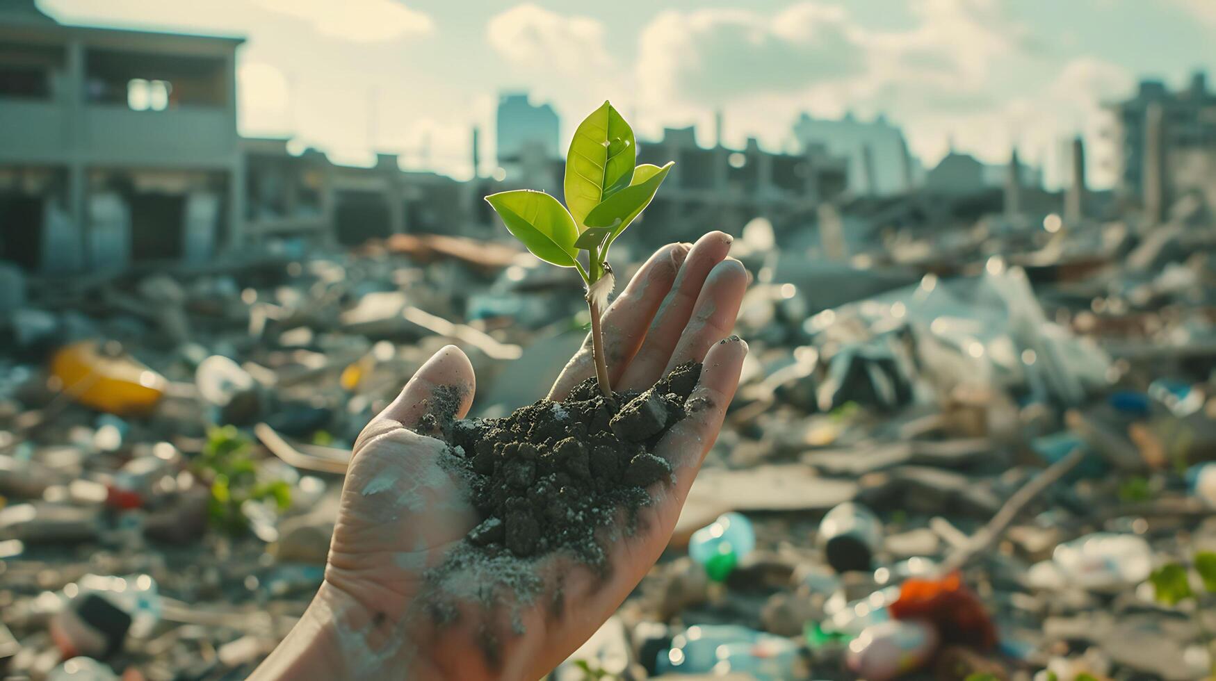 Amidst the rubble and rubbish, a green tree symbol of hope appears photo