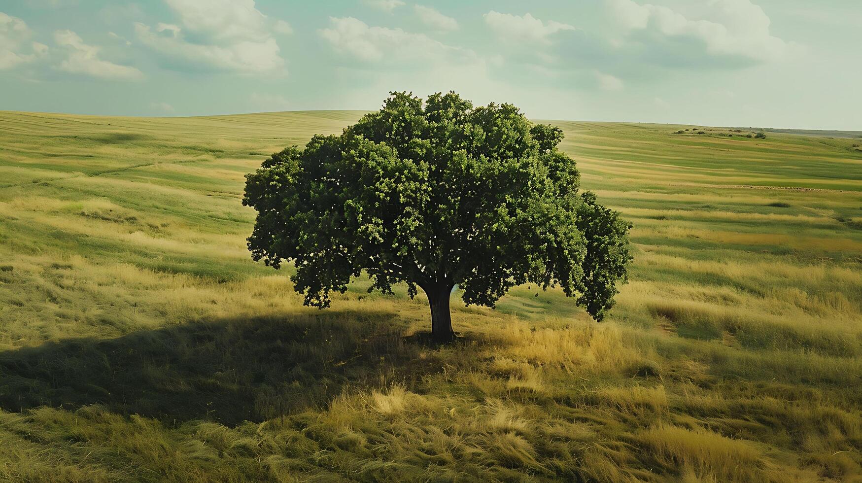 Lonely green oak tree in the field photo