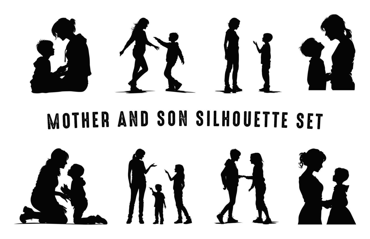 Mother and Child Silhouettes Set, Mom and baby black silhouette Bundle vector