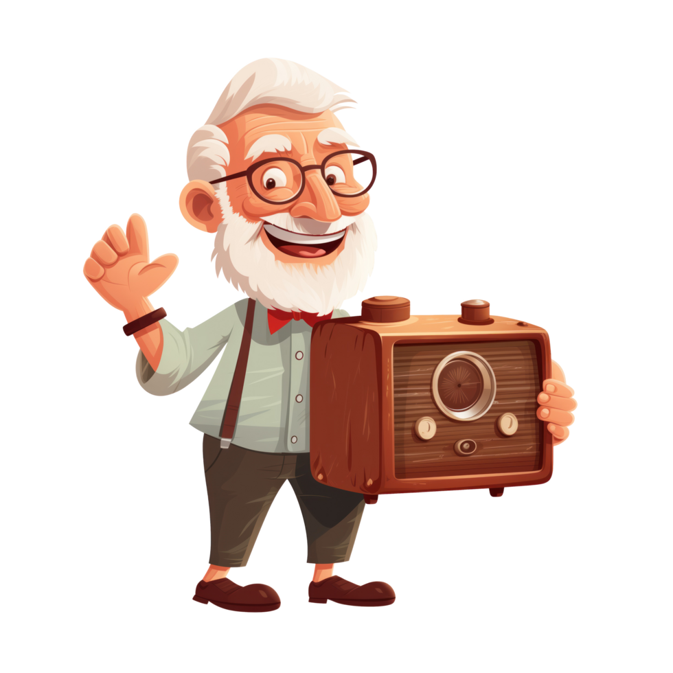Happy granfather with old radio portable png