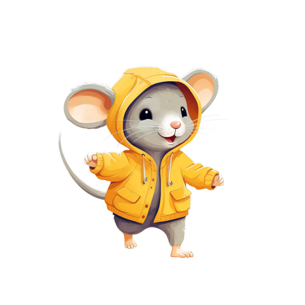 Cute happy mouse wearing yellow raincoat. Autumn raincoat protects from rain, leaves and cold png