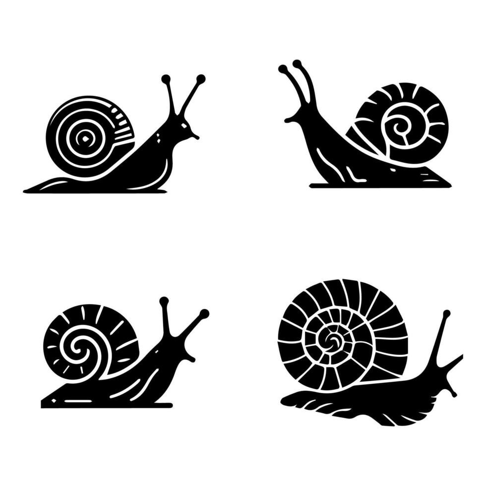 caracol silueta icono. babosa en cáscara gatear pictograma. hélice lento, linda caracoles Moviente. baboso comestible espiral molusco símbolo recopilación. fauna silvestre concepto. aislado ilustración. vector