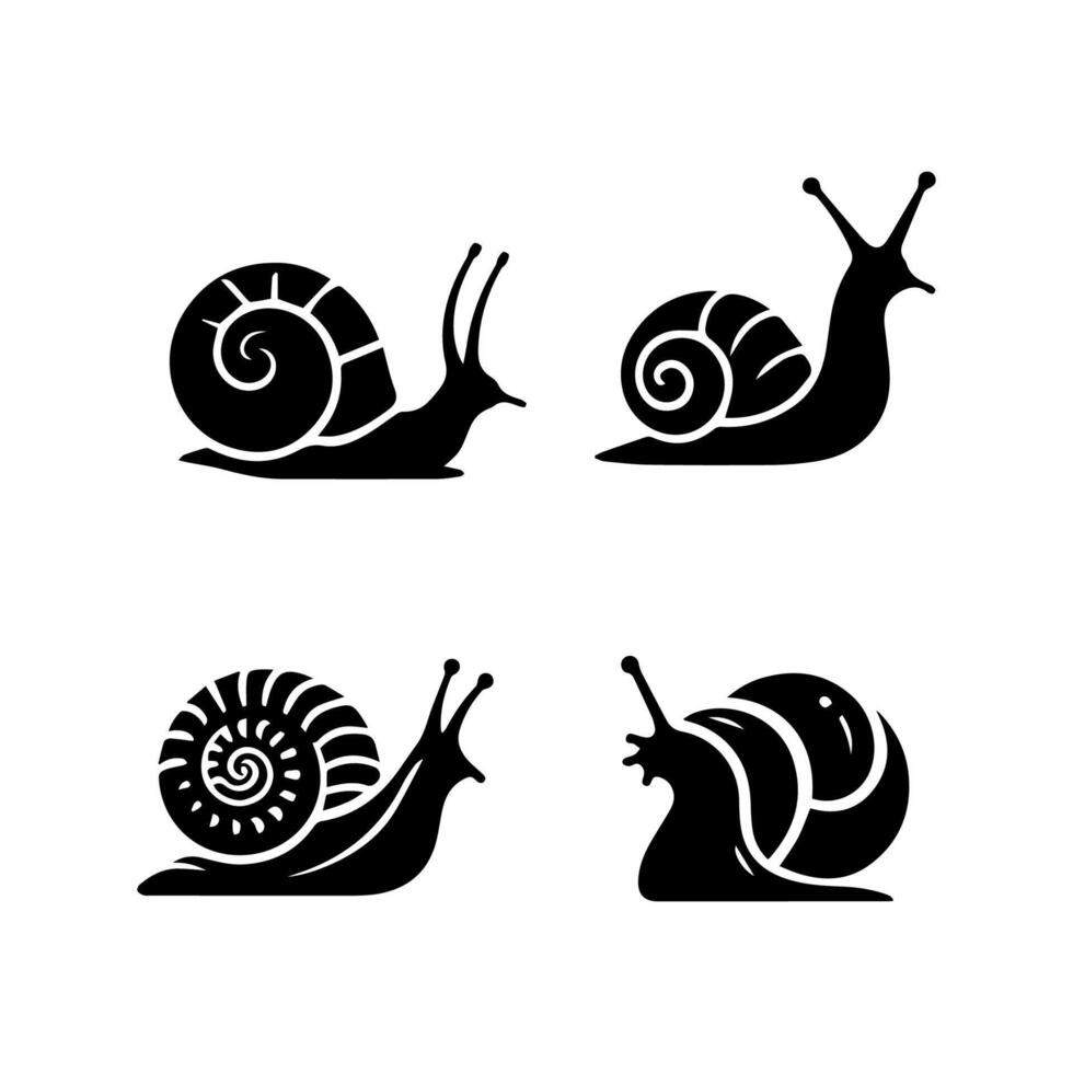 caracol silueta icono. babosa en cáscara gatear pictograma. hélice lento, linda caracoles Moviente. baboso comestible espiral molusco símbolo recopilación. fauna silvestre concepto. aislado ilustración. vector