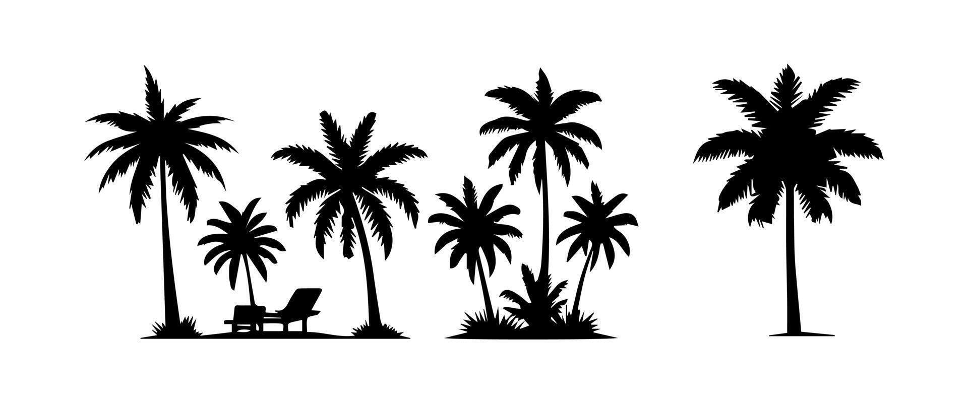 negro palma arboles conjunto aislado en blanco antecedentes. palma siluetas diseño de palma arboles para carteles, pancartas y promocional elementos. ilustración vector
