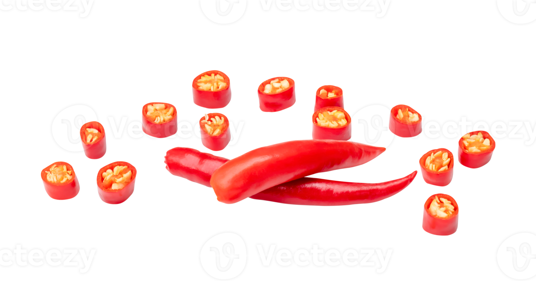Top view set of red chili pepper or cayenne pepper with slices in stack isolated with clipping path in file format png