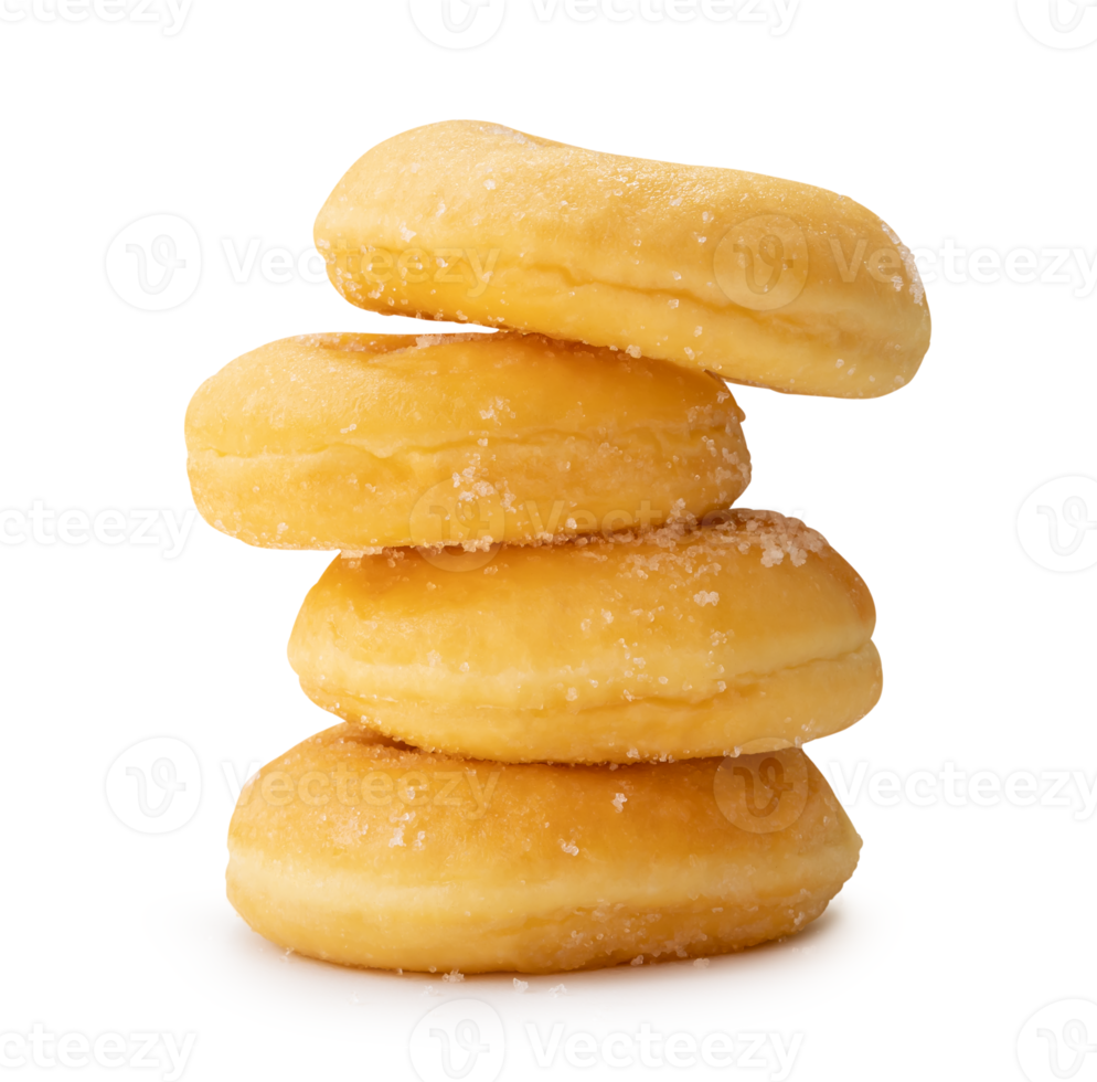 Side view of sugar glazed cinnamon donuts in stack isolated with clipping path and shadow in file format png