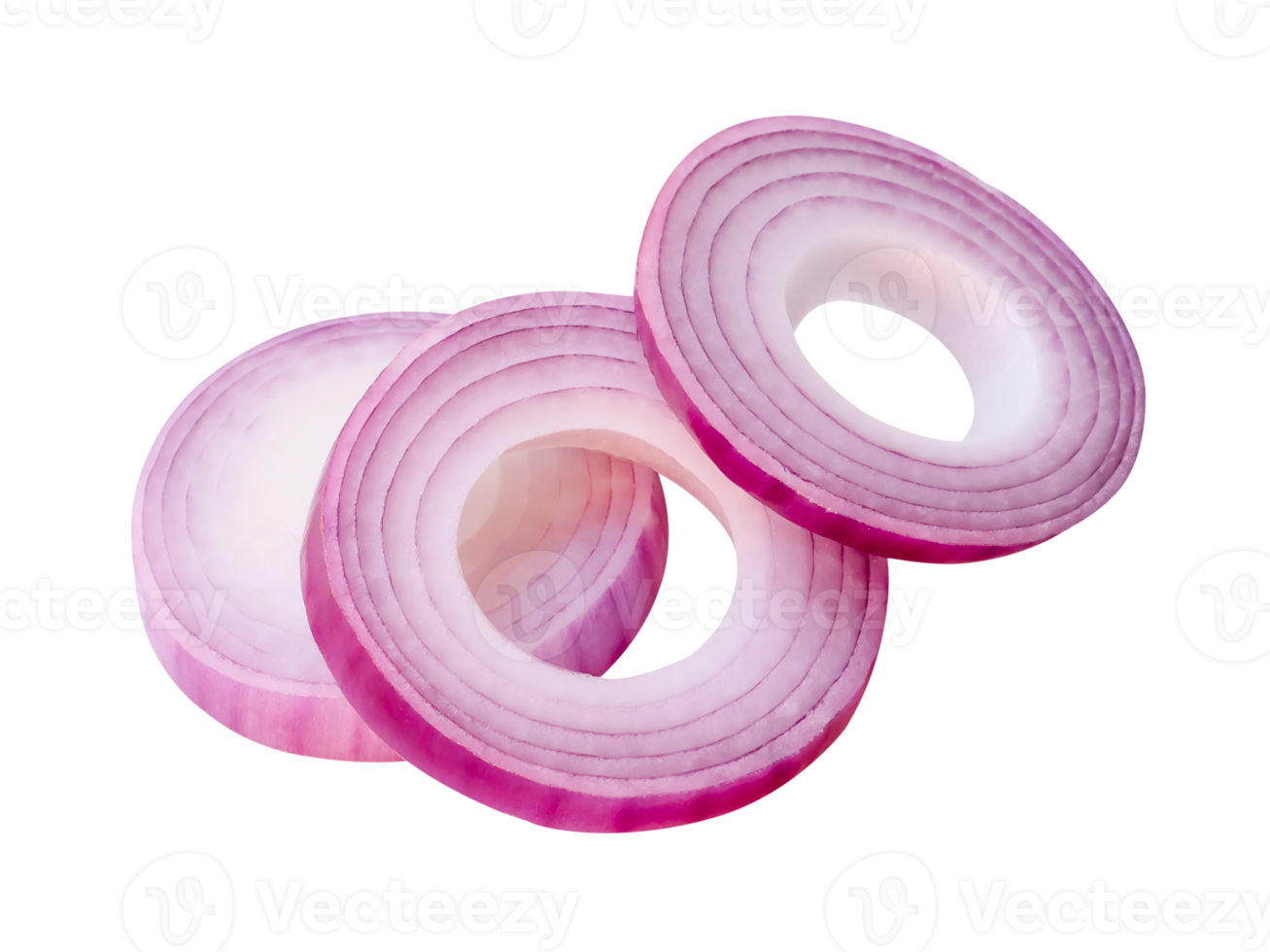 Top view of red or purple onion rings or slices in stack isolated with clipping path in file format png