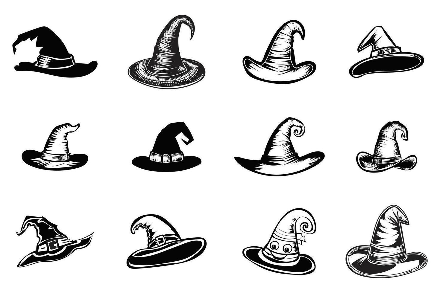Set of different witch hats isolated on white background style vector