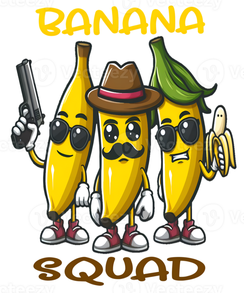 Banana squad cartoon characters with guns and sunglasses png