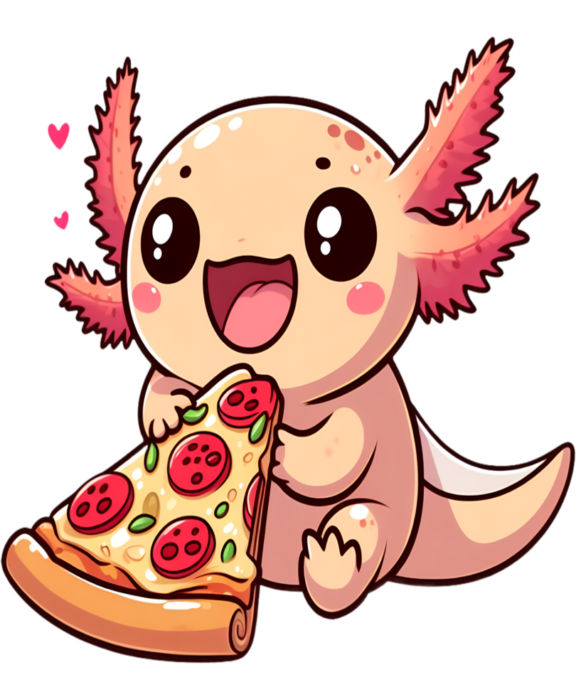 Funny cartoon axolotl eating a pizza png