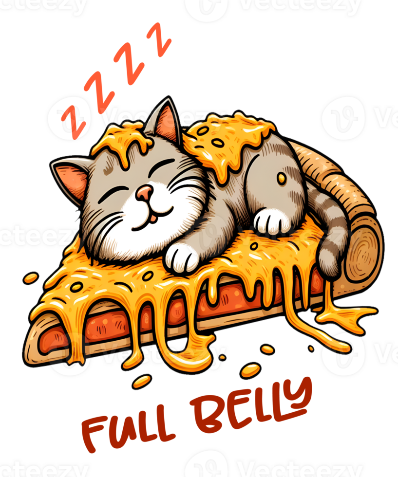 A cartoon cat sleeping on a slice of pizza with the words full belly png