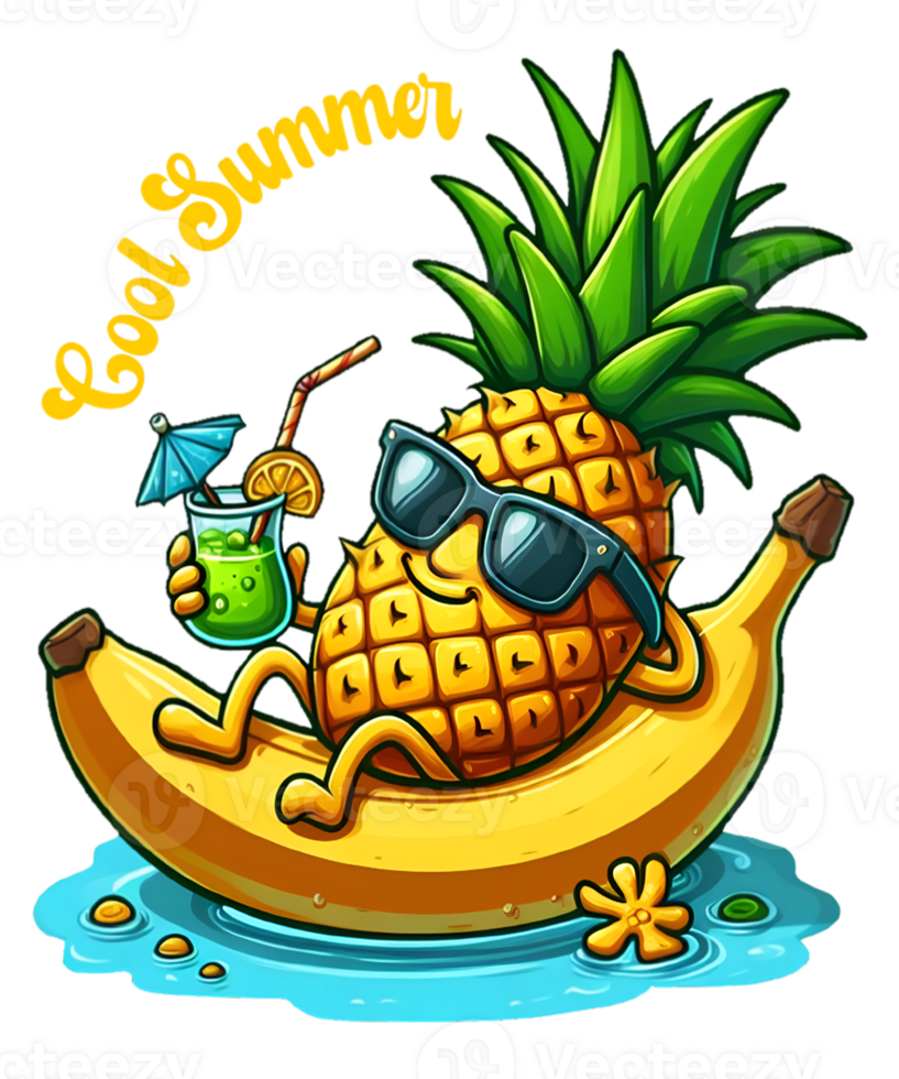 Cartoon pineapple lies on a banana with a drink and sunglasses png