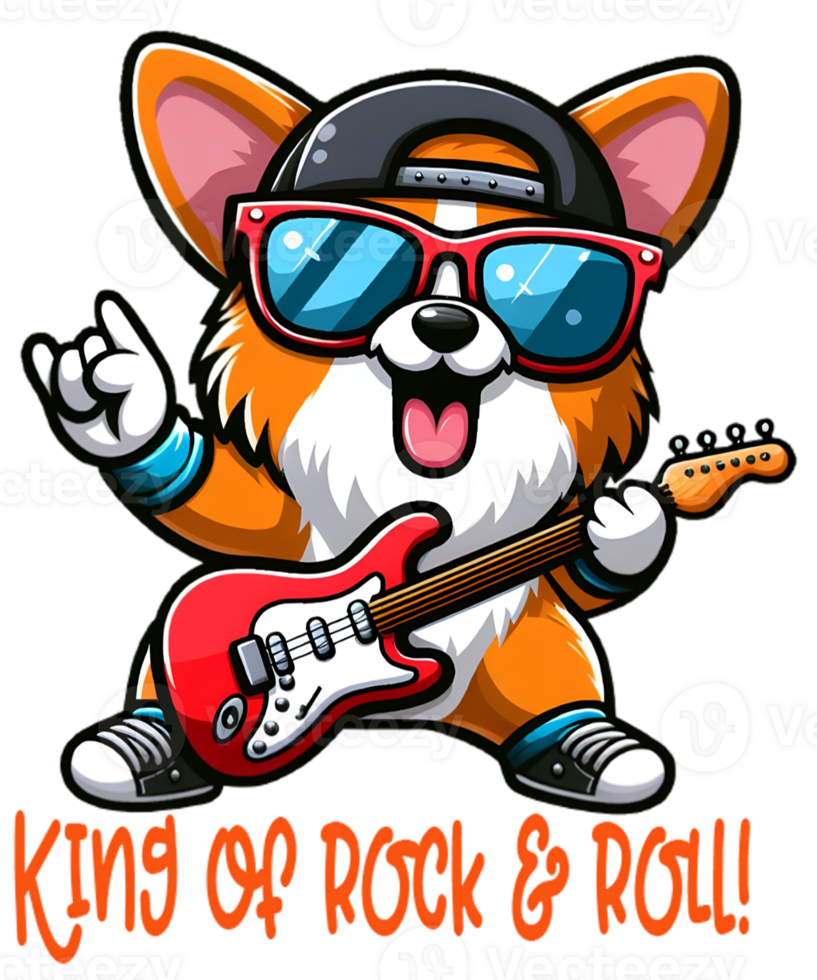 Cartoon corgi playing guitar with the text king of rock and roll png