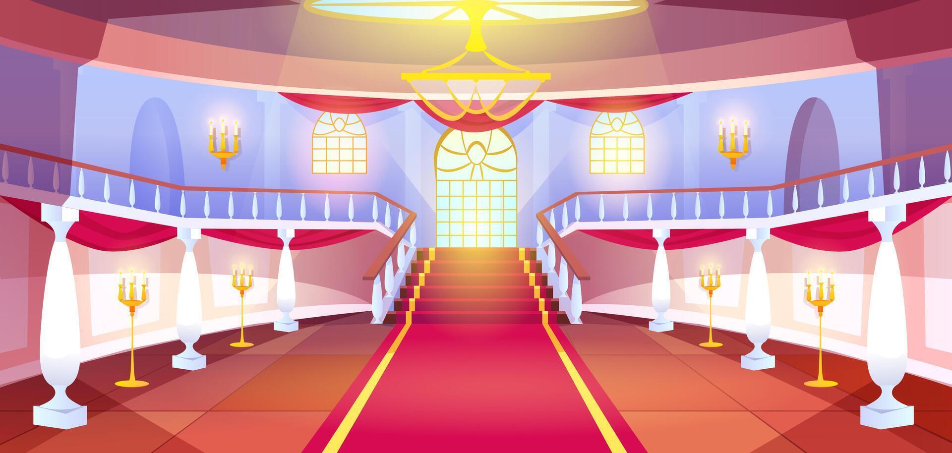 Cartoon empty hall interior with columns, stairs, arch windows and golden candle lamps in medieval royal castle. Hallway in luxury palace with balustrade, staircase and red carpet on floor. vector