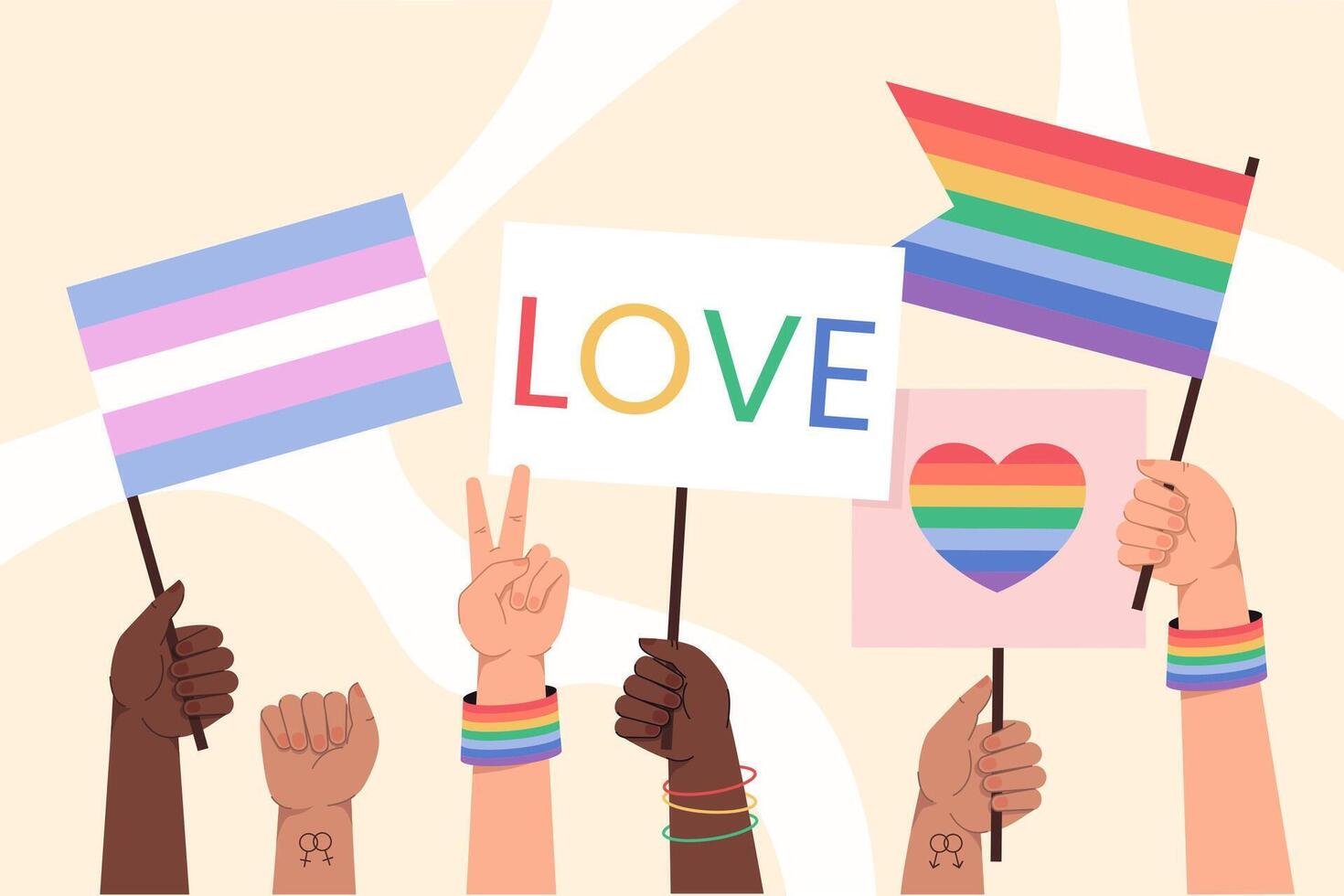 Flat hands hold banner, placard with heart and love on parade. Rainbow and transgender flags symbol of LGBT. Pride month celebration against discrimination, violence. LGBTQ rights protection protest. vector