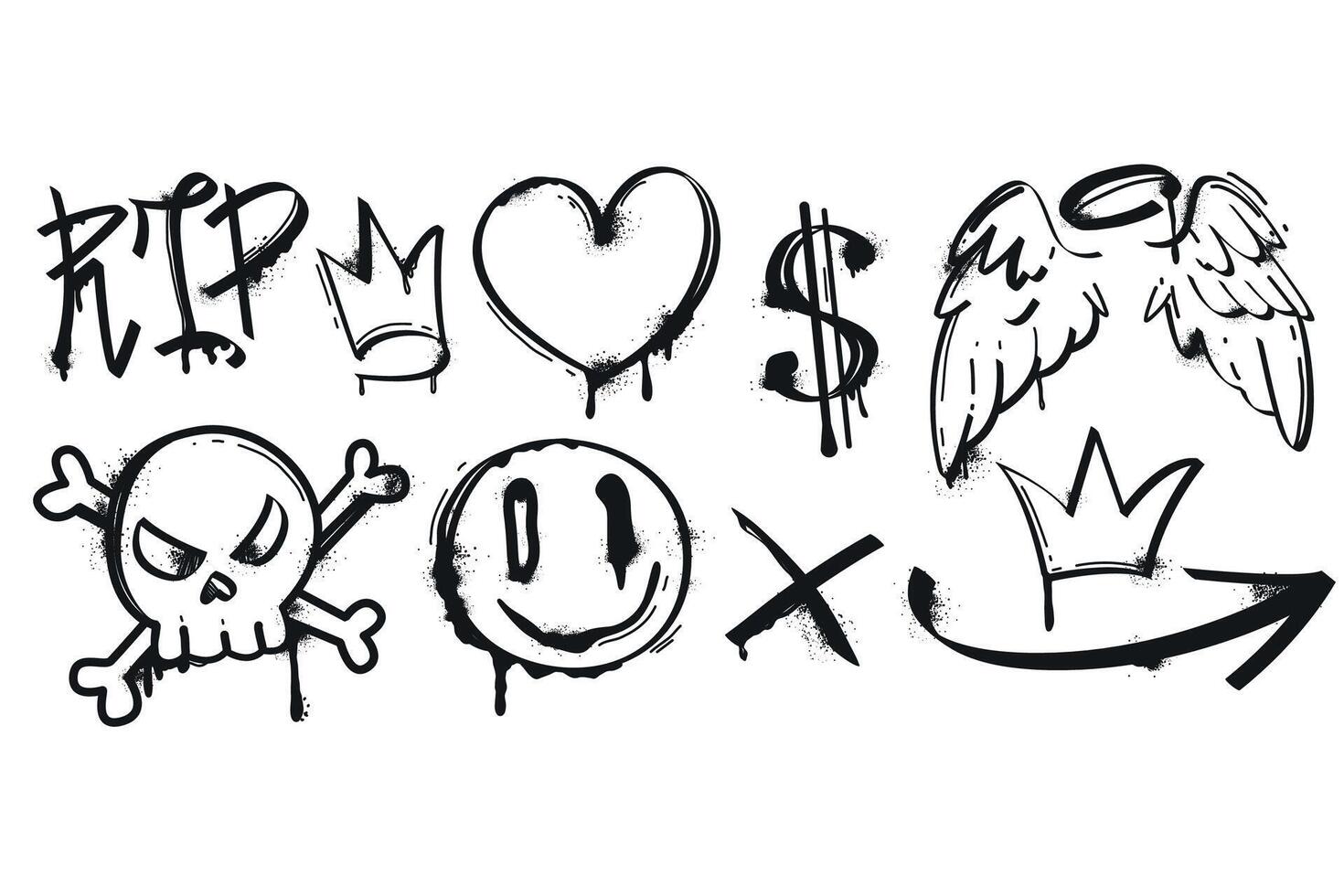 Black paint spray graffiti with heart, angel wings, crown, skull, arrow and cross symbols. Painted elements isolated on white background. Street art with splatter and drips. vector