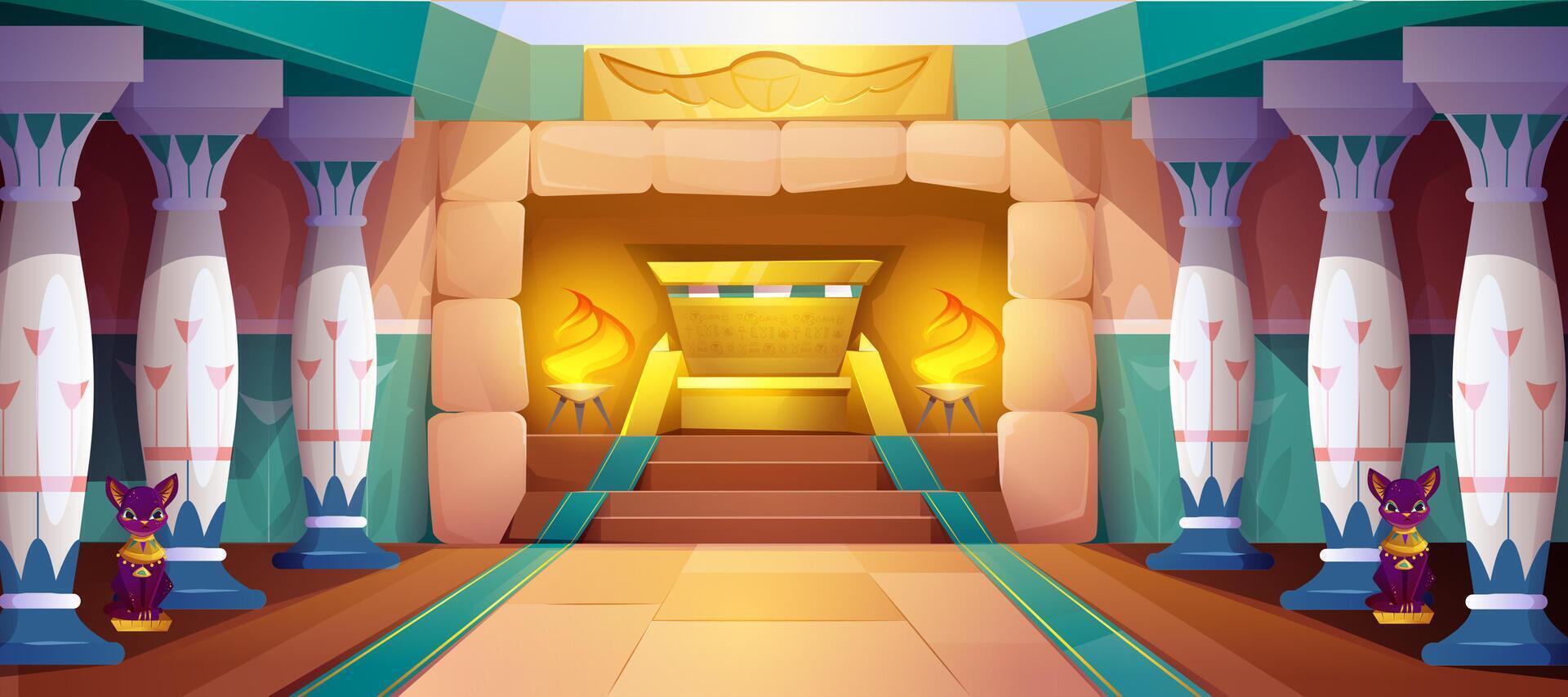 Cartoon egyptian pyramid interior with columns with oranment, stone walls and statue of Bastet cat. Temple room or ancient Egypt pharaoh tomb with hieroglyphs. Old civilization palace sarcophagus. vector