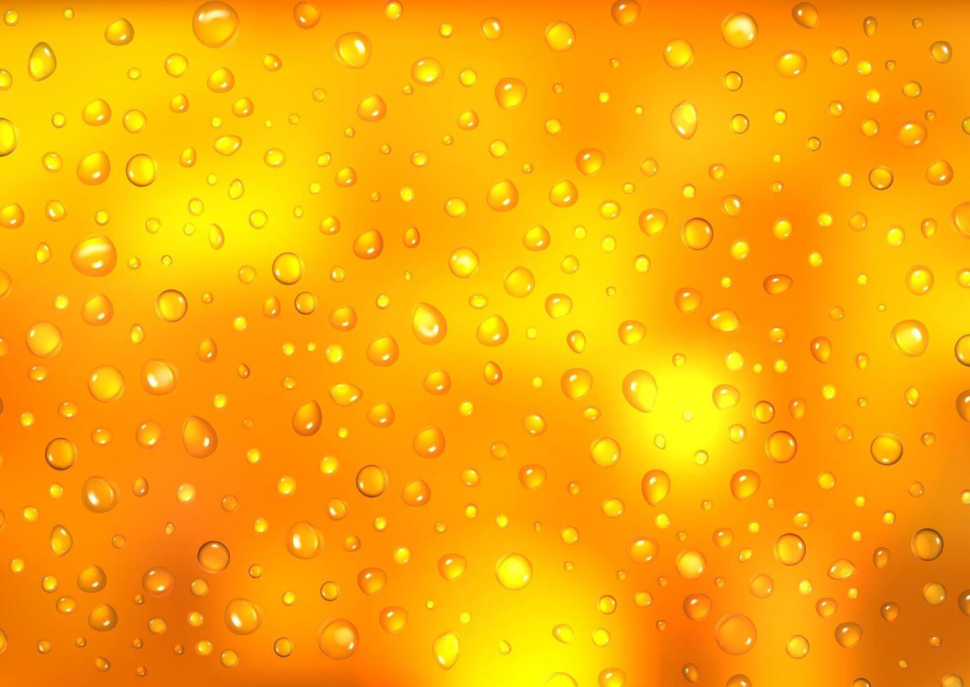 Beer droplets on yellow background. Seamless drop wet texture or golden condensation water on glass cold bottle. Rain drops, champagne drink or alcohol beverage. Realistic 3d illustration vector