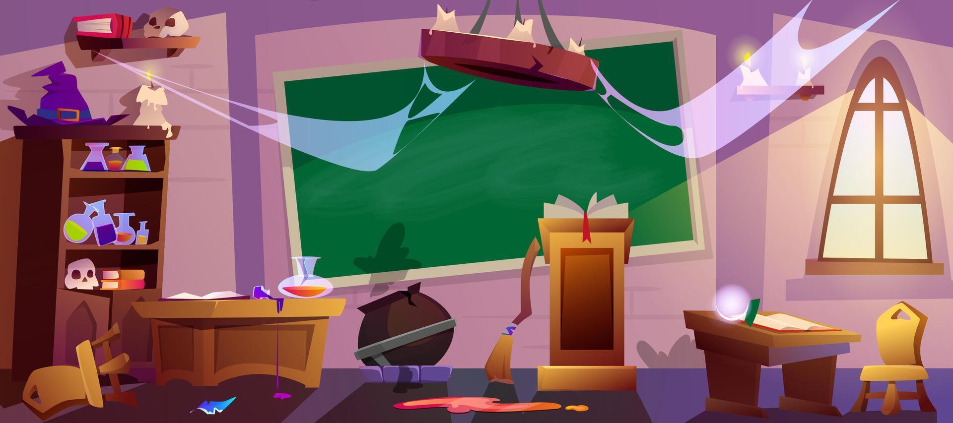 Cartoon abandoned magic school classroom with broken furniture, spider webs and crushed cauldron. Empty wizard room with window, blackboard and scattered things for magic knowledge. vector