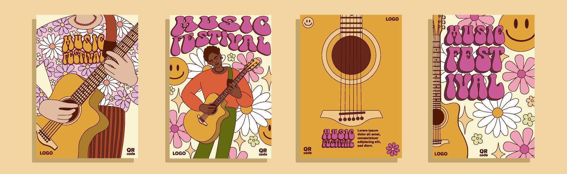 Music festival poster templates set with musician and musical instrument. Flyers, music party banners of man playing guitar flat illustration. vector