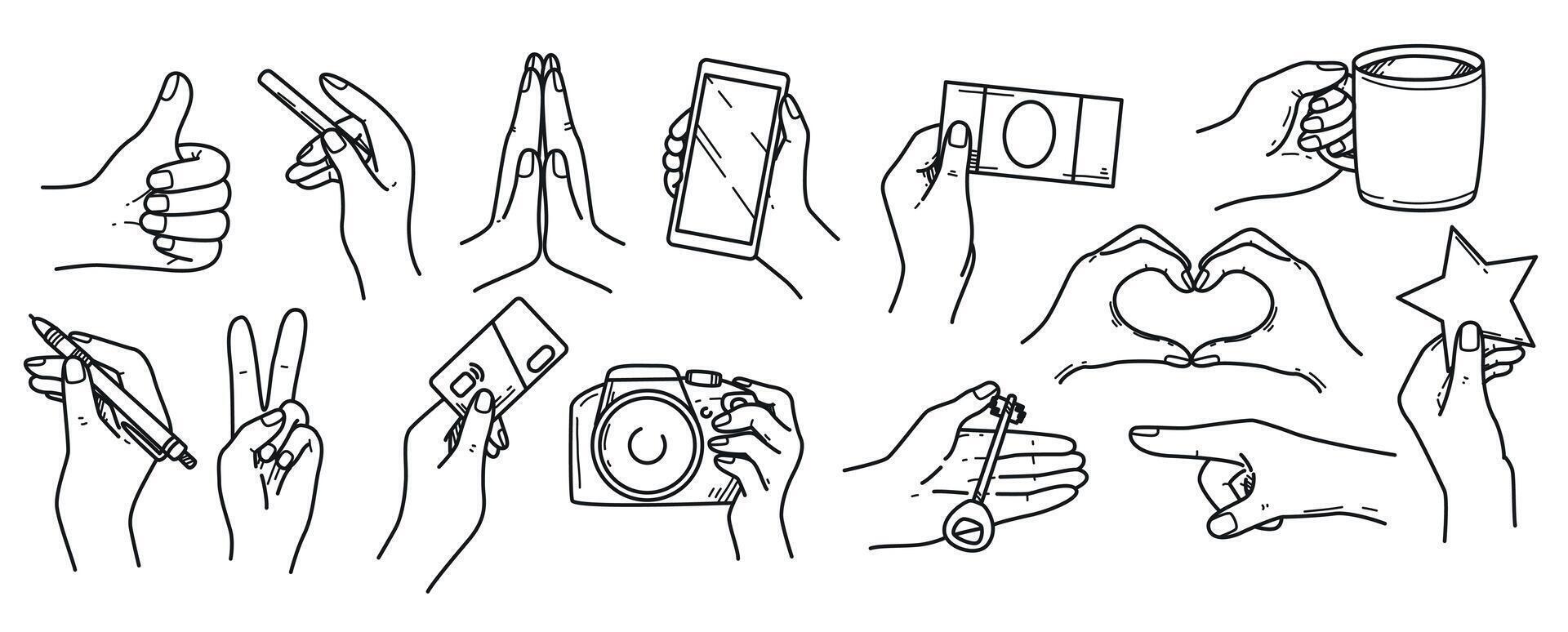 doodle set of woman hands holding cup, pen, money, key, bank card, smartphone and cigarette. Hand drawing fingers showing peace sign, thumb up, pointing gesture and praying position. vector