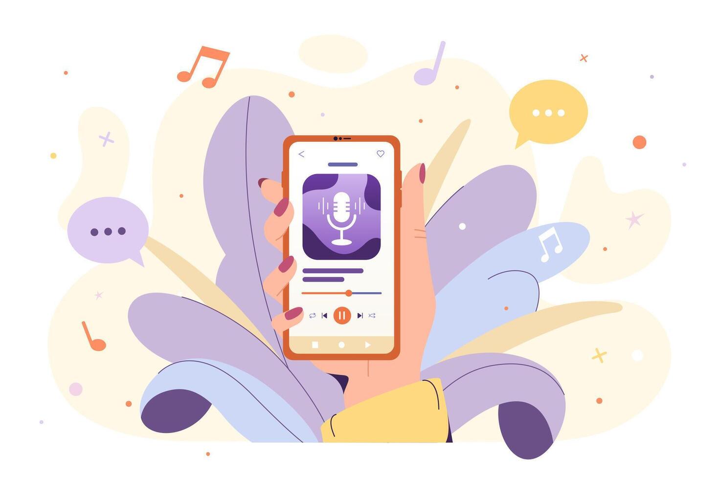 mujer mano participación teléfono inteligente con aplicación para escuchando a música, radio y podcasts móvil medios de comunicación solicitud con en línea estudiar cursos audio interfaz en digital dispositivo pantalla plano ilustración vector