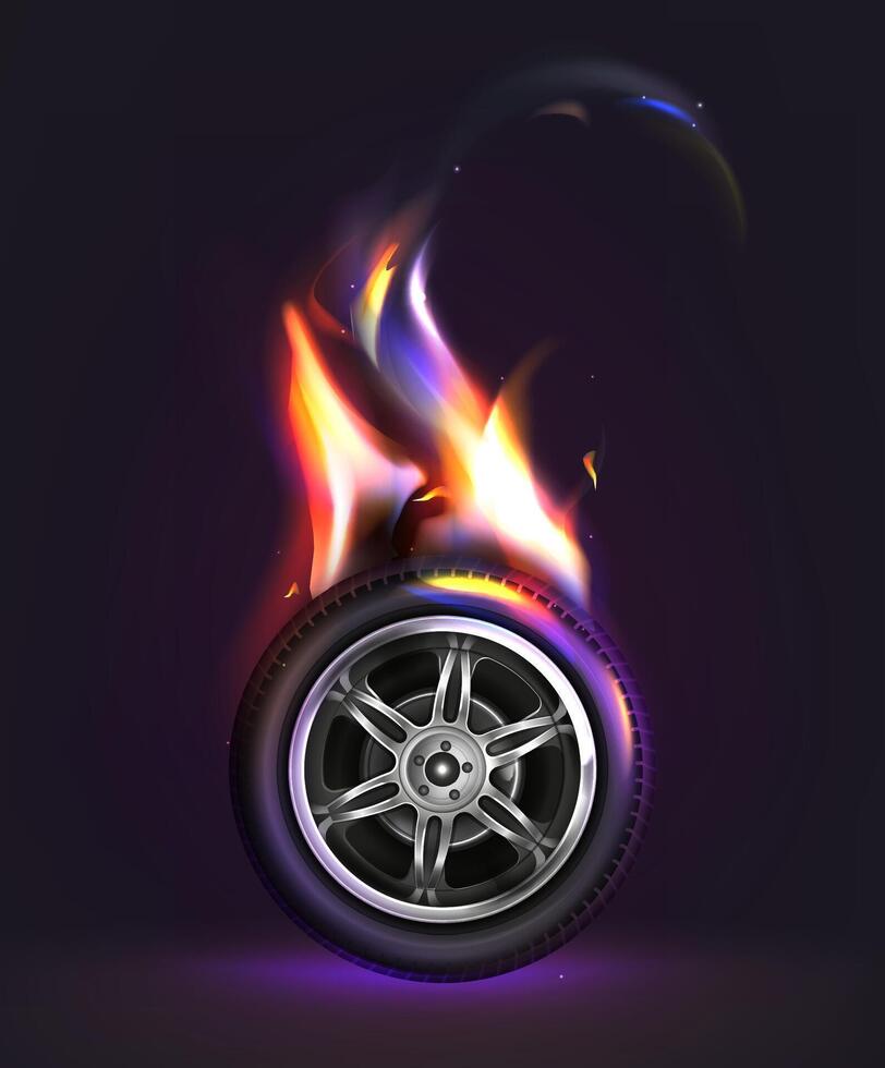 3d realistic car wheel on fire. Black tire in orange flames and sparks isolated on dark background. Burning automobile tyre in front view. vector