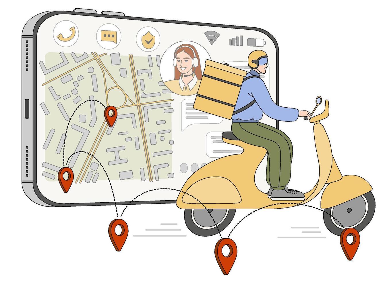Fast delivery service. Flat courier with backpack on scooter delivers food, parcels or mails. Man on motorcycle and online shipping application smartphone with navigator pin or gps mark on city map. vector