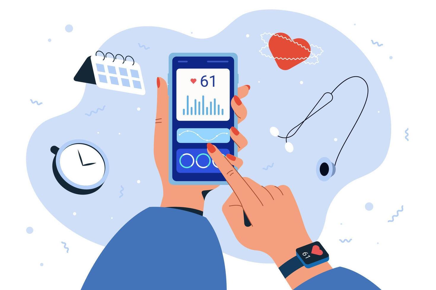 supervisión corazón Velocidad en aptitud aplicación en teléfono inteligente y inteligente mirar. plano ilustración humano mano dedo emprendedor en pantalla para comprobación rutina de ejercicio resultados. deporte rastreador para legumbres hora, latido del corazón monitor. vector