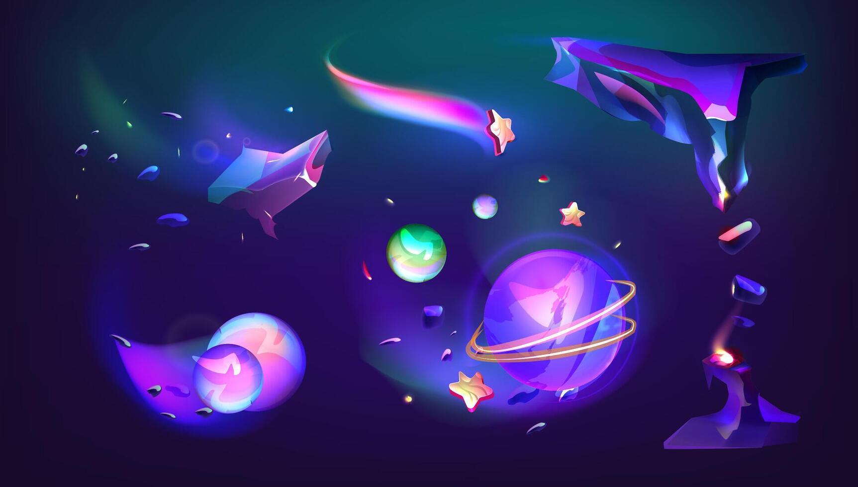 dibujos animados fantasía ilustración de cosmos, extraterrestre planeta superficie con brillante rocas y estrella. cósmico espacio antecedentes con púrpura galaxia cielo con Luna y iluminado grieta. computadora juego fondo. vector