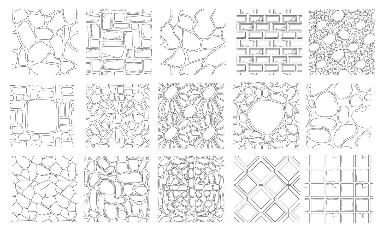 conjunto de mano dibujo pavimentación Roca y ladrillo texturas contorno sin costura patrones de calle acera. guijarro pared o camino, piso losas parte superior vista. texturizado natural antecedentes diseño elementos. vector