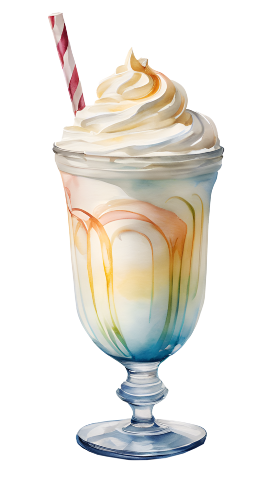 Watercolor and painting cold milk shake with whipped cream caramel and colorful candy topping in plastic glass. Fresh drink Illustration png